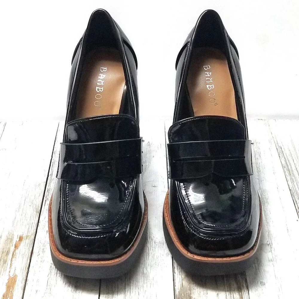 New Black Patent Square Toe Platform Penny Loafers Chunky Heels - Picture 3 of 4